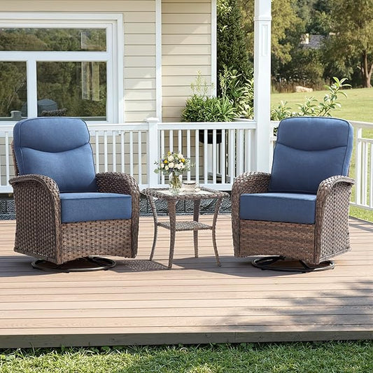 Luxury Wicker Patio Furniture Set with 6-Inch Thick Cushions, 3 Pieces Outdoor Swivel Rocker Patio Chairs Set of 2 with Rattan Side Table, Outdoor Patio Conversation Sets for Garden Deck, Blue