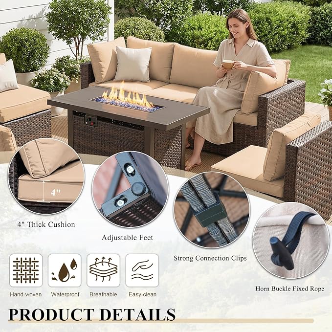 5 Pieces Patio Furniture Set with 44" Fire Pit Table, Rattan Outdoor Sectional Conversation Sets, All Weather Outdoor Furniture Set with Cushions for Garden Lawn Balcony Porch Deck, Khaki