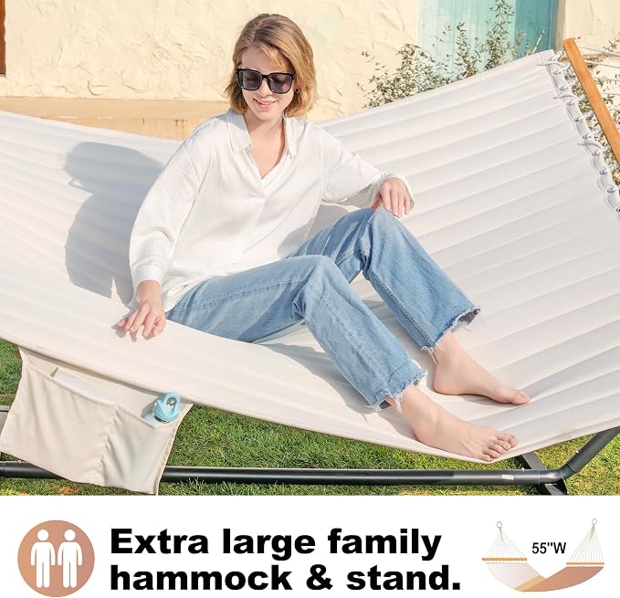 GAFETE 2 Person Hammock with Stand for Outside, Heavy Duty Steel Stand, Double 55inch Hammocks, Large Removable Pillow, Storage Bags, Max 475 lbs Capacity (Beige)