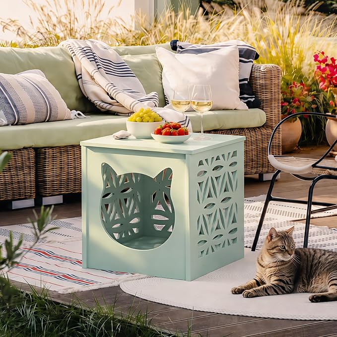 VINGLI Outdoor Side Table with Cat House and LED Light, 15.6" Resin Waterproof Square Side Table End Table for Patio Garden Balcony Porch (Green)