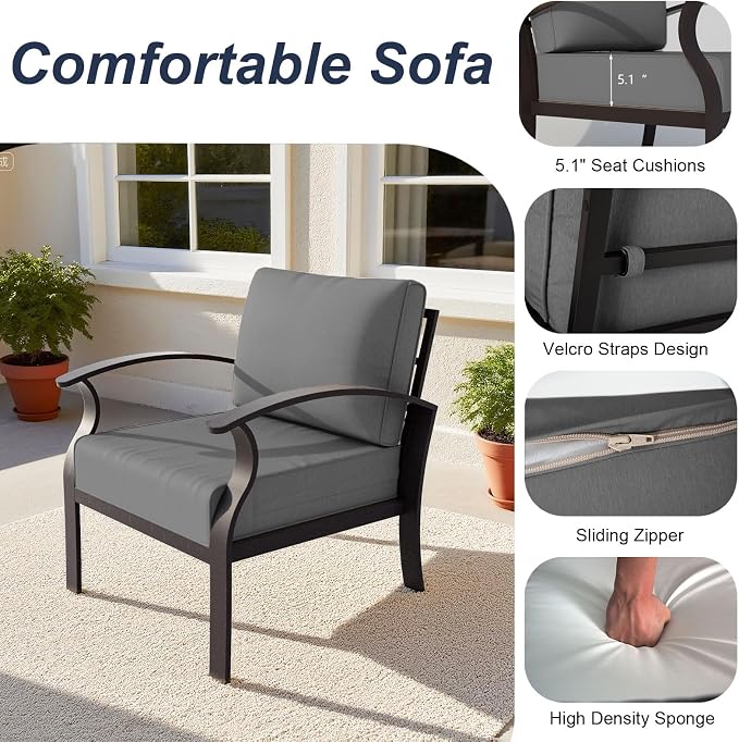 ALAULM Aluminum Patio Furniture Set with Coffee Table Rectangular, 5-seat Outdoor Sectional Furniture w/2 Swivel Chairs, Patio Conversation Set for Porch, Backyard, Poolside-Grey