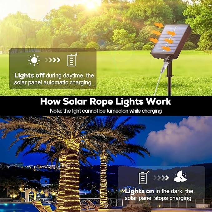 Solar Rope Lights, 66FT 200LED Outdoor Christmas Fairy Light (Warm White) | Type C & Solar, With Remote, Waterproof, Timing, 8 Modes, for for Garden Patio Porch Pool, Warm Christmas Decoration