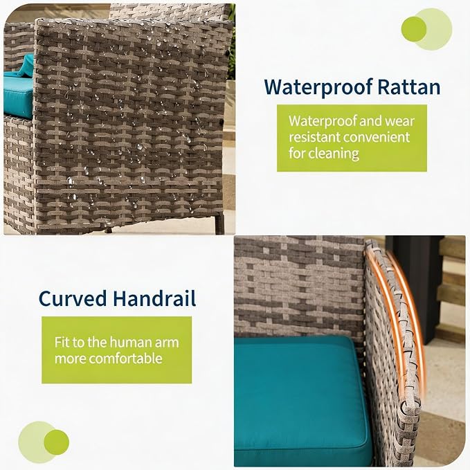 3-Piece Outdoor Furniture Set, PE Rattan Wicker Chairs with Soft Cushions & Tempered Glass Coffee Table - All-Weather Patio Set for Garden, Backyard, Porch, Poolside (Grey/Peacock Blue)