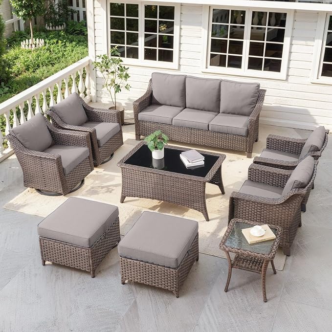 Outdoor Patio Furniture Set-Rattan Wicker Coversation Set with High Back Couch Swivel Glider Chair with Ottomans Outdoor Furniture for Porch Garden Backyard Poolside-Brown/Grey
