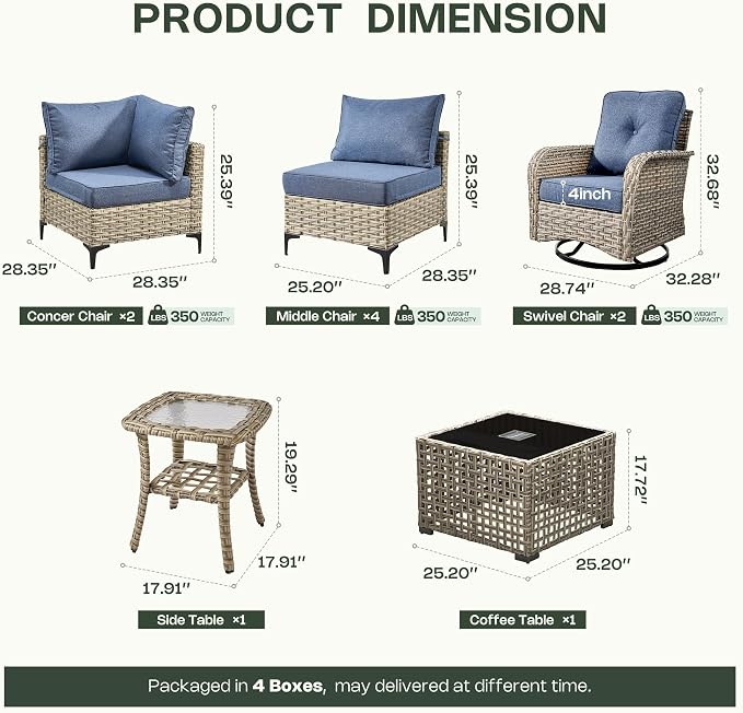 10 Pieces Patio Furniture Set, Outdoor Conversation Set with 360° Swivel Rocker Chairs, Wicker Sectional Sofa Solar Coffee Table, High Back Outdoor Furniture L Shaped Couch for Porch Deck, Denim Blue