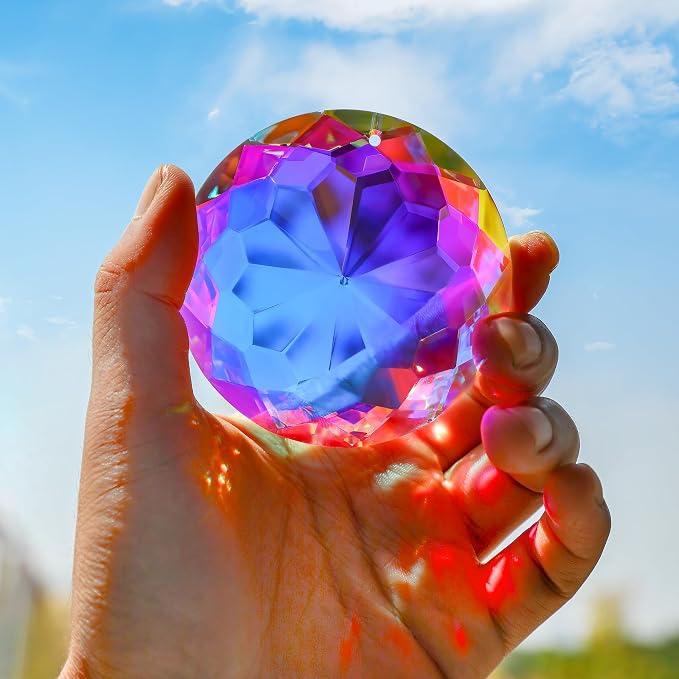 3'' Crystal Prisms Suncatcher for Windows Hanging Sun Catcher Gift | AB Color,Large Glass Beads,Rainbow Maker,Hanging Crystals for Indoor Outdoor Home Garden,Glass Ornaments For Christmas Tree