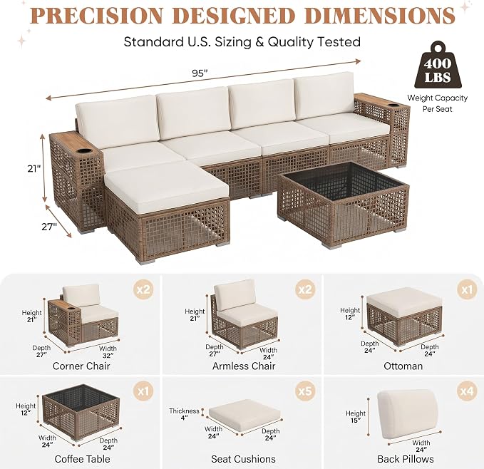 Devoko Patio Furniture Set,6 Pieces Outdoor Sectional Sofa with Cup Holder and 7.87in Wider Armrest, PE Wicker Backyard Couch Set with Coffee Table&Glass Tabletop for Deck, Porch（6 pcs）