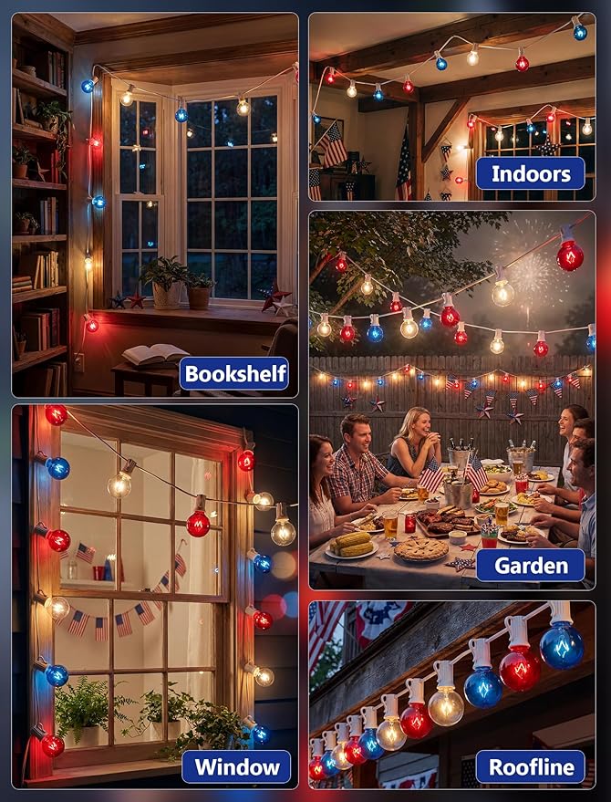 4th of July Decorations String Lights, 25Ft Outdoor Patio String Lights with 27 G40 Red White and Blue Light Bulbs(2 Spare), Independence Day Lights for Patriotic Party Garden Festival Decor- White
