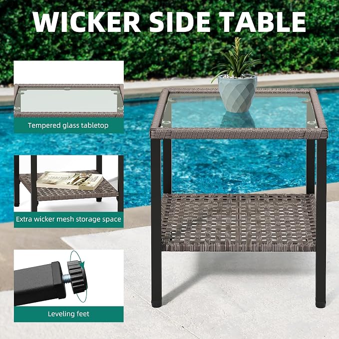 YITAHOME 3 Pieces Patio Wicker Rocking Chair Set, Outdoor Patio Furniture Set with Rattan Side Table, Thickened Cushions, Rocker Patio Chairs Set for Porch, Poolside, and Yard, Blue
