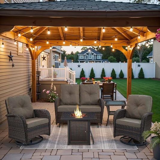 Belord 5 Pieces Patio Furniture Set with 30” Propane Fire Pit Table, Deep Seating Swivel Rocker Glider Outdoor Chairs Set of 4 with Side Table Set of 2 Patio Conversation Set Brown Wicker