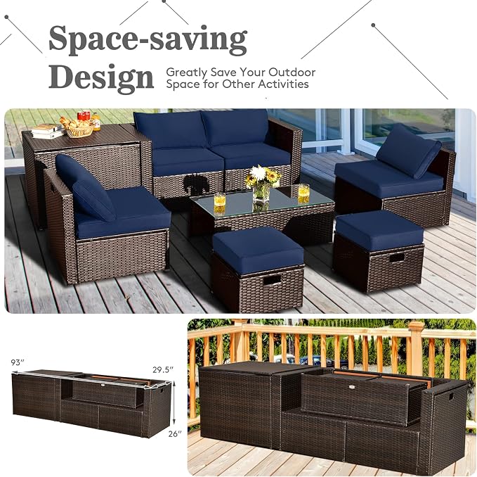 RELAX4LIFE 8-Piece Patio Furniture Set - PE Wicker Conversation Set w/Cushions, Pillows, Tempered Glass Table, Storage Box, Outdoor Sectional Sofa Set for Yard, Deck (Navy Blue)