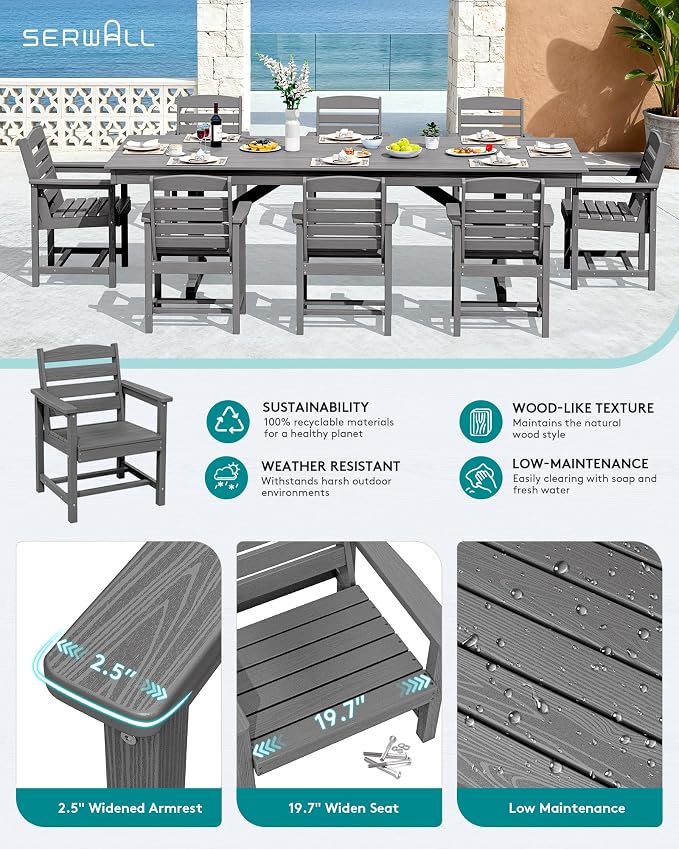 SERWALL 10 Piece Outdoor Dining Set with 15ft Triple-Head Foldable Umbrella(Based not Included), 84" HDPE Outdoor Table and Chairs for 8, Gray