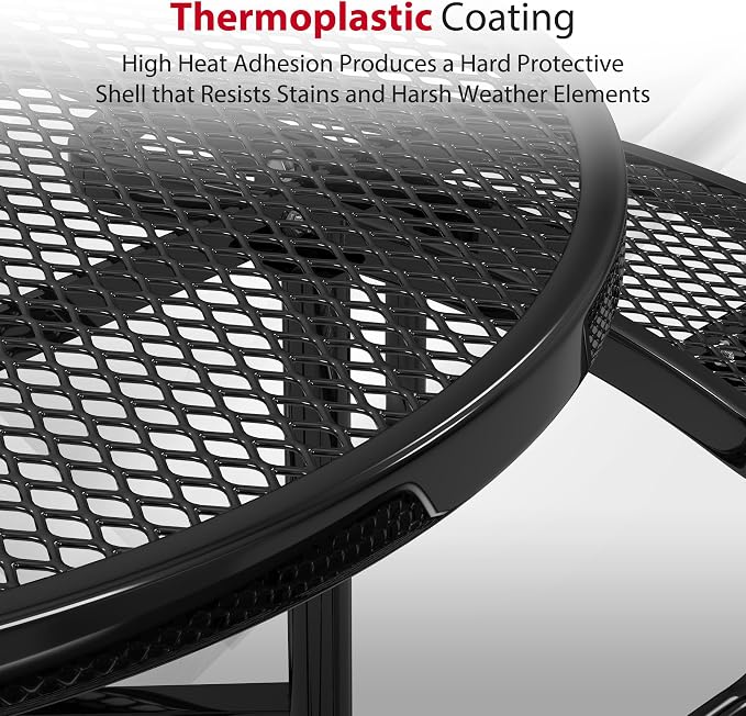 Leisure Craft Metal Picnic Table with Bench - 46" Round Outdoor Dining Table with Umbrella Hole, Heavy Duty Thermoplastic Coating, ADA Compliant, Commercial Grade Furniture Made in USA - Black