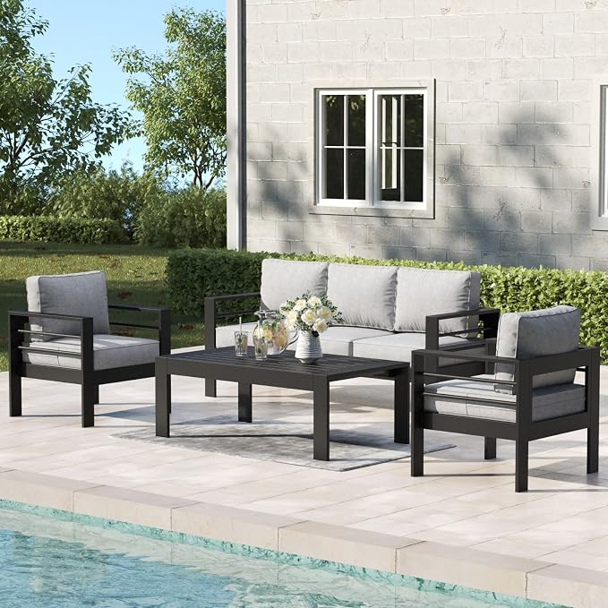4 Pieces Aluminum Outdoor Patio Furniture Set with Coffee Table, Modern Metal Conversation Sofa Set with Deep Seating