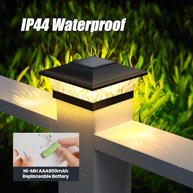 APONUO Solar Post Cap Lights 12 Pack for 4x4 5x5 6x6 Wood & Vinyl Fences - IP65 Waterproof, All-Night Auto On/Off, Warm/Cool White Light, Outdoor Deck Patio Garden (Black)