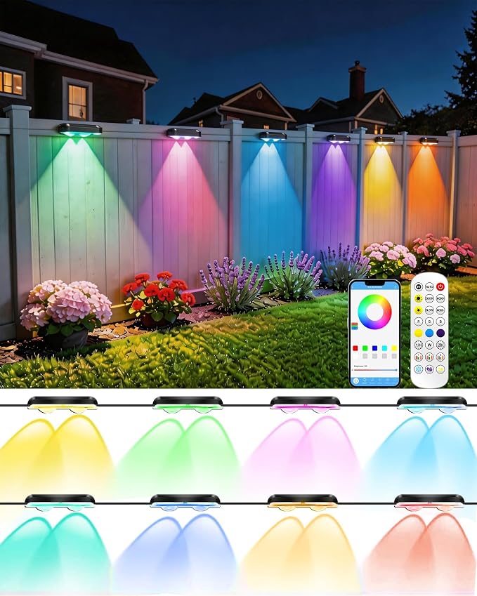 Outdoor Fence Lights 8 Pack, 50ft Smart RGB Outdoor Lights, APP | Remote Control, IP67 Waterproof LED String Light with Timer for Wall Deck Step Patio Railing Yard Stairs Pool Christmas Decor