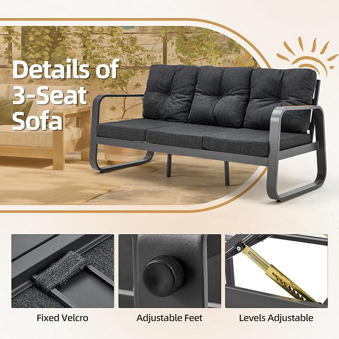 6 Pcs Aluminum Patio Furniture Set with Coffee Table Outdoor Conversation Sofa Set Include Adjustable 3-Seater Sofa, 2 Hydraulic Chair, 2 Ottoman for Balcony, Garden, Poolsid（Gray）