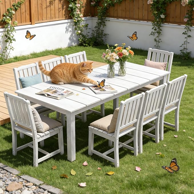 PLUUV Outdoor Dining Set for 8 Person, HDPE Large Table with Aluminum Legs and 8 Armless Chairs, All-Weather Patio Dining Furniture Set with Umbrella Hole for Backyard, Garden, White