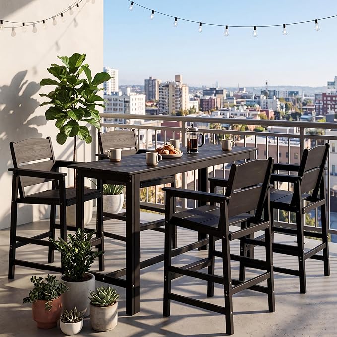 4 Pack Outdoor Bar Stools, HDPE Patio Bar Chairs with Armrests & Footrest, Weather Resistant All-Weather Counter Height Chairs for Outdoor Deck, Backyard, Poolside,Black
