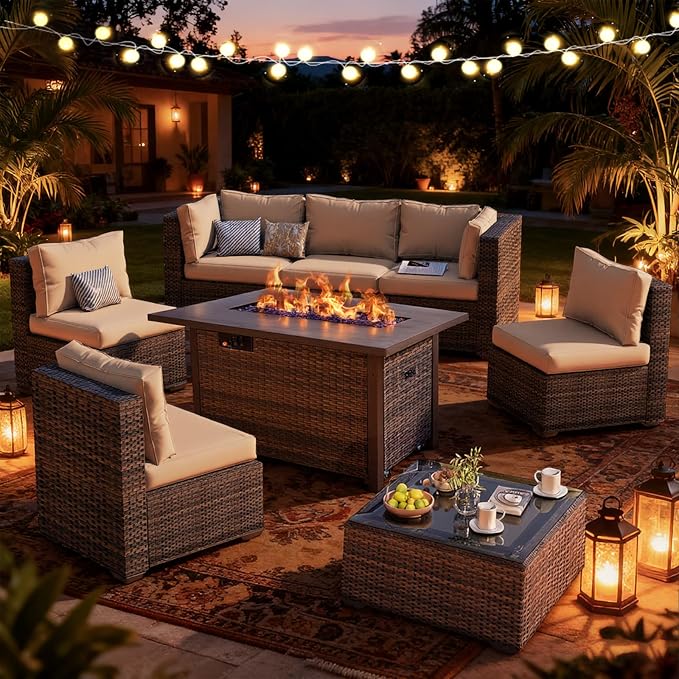 Patio Furniture Set, 8 PCS Outdoor Sectional Patio Furniture Set with 42" Fire Pit Table, Rattan Wicker Sofa Couch for Garden Backyard Deck Poolside, Beige