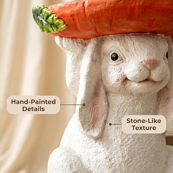 13.4 Inch Tall Bunny Side Table Garden Decor | Outdoor Resin Rabbit Statue, Plant Stand, Whimsical Carrot Tray End Table, For Kids Nursery Room Patio Yard