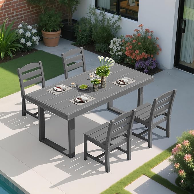 SERWALL HDPE Outdoor Dining Set for 4, 67'' Patio Table and Chairs Set | with Armless Seat