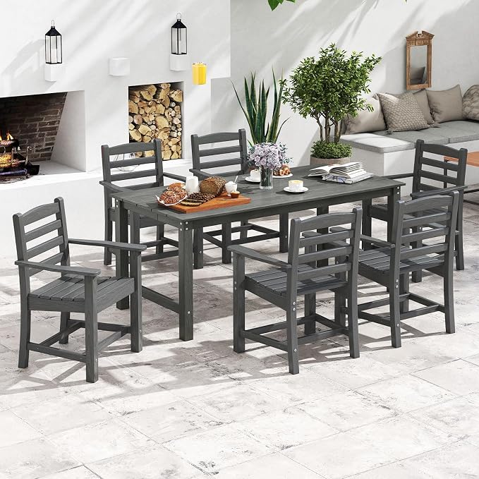 Tangkula 7 Pcs Outdoor Dining Table Set for 6, 67” HDPE Weather-Resistant Patio Rectangle Table & 6 Armchairs w/Curved Seat, Umbrella Hole, Wood Grain, Plastic Dining Furniture (Gray, 7 Pcs)