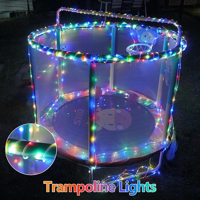 QITONG Multicolor Trampoline Lights, 66ft 200 LED Solar Rope Lights Outdoor Waterproof, Fairy Lights in Clear Thin Tube with 8 Modes