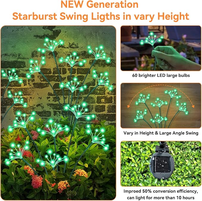 Solar Garden Lights 2 Pack Waterproof Solar Swaying Starburst Light Outdoor Lights for Yard Patio Walkway Pathway Party Wedding Christmas Decoration, Green