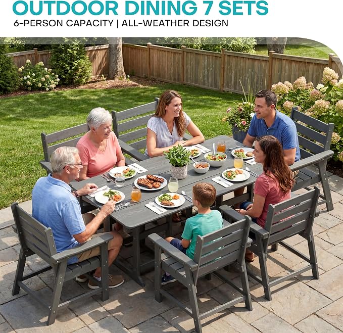 7-Piece Dining Set, HDPE Table & 6 Chairs, Grey | HDPE Dining Set: 69.1" Table + 6 Chairs, 380 lbs, 304 Stainless, All-Weather, No Rust No Crack, Outdoor Patio Garden