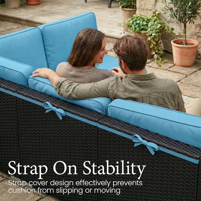LayinSun 8 Piece Patio Furniture Set with 44" Propane Gas Fire Pit Table, Outdoor Sectional Conversation Set Wicker Rattan Sofa Set with Coffee Table