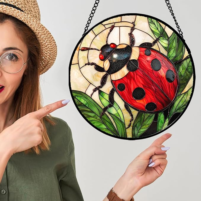 Stained Glass Window Hanging - Red Seven-Spotted Ladybug Sun Catcher for Door Home Decor Insect Suncatcher Christmas Mother's Day Birthday Gifts for Women Men Mom Nana 15 in