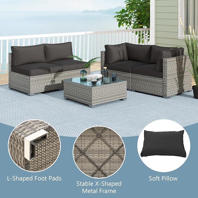 RELAX4LIFE 5-Piece Patio Furniture Set - Wicker Rattan Outdoor Sectional Sofa w/Glass-Top Coffee Table, Soft Seat & Back Cushions, Bistro Conversation Set for Garden Backyard Porch (1, Black)
