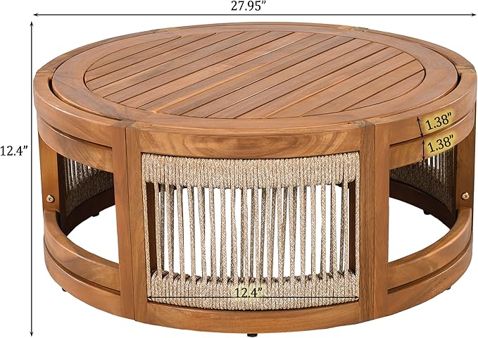 GDFStudio 27.95" Acacia Wood Outdoor Coffee Table, Handwoven Rope Accents, All-Weather Resistant Boho Patio Table with Elegant Slatted Design for Garden, Poolside, Deck, Patio Spaces, Teak