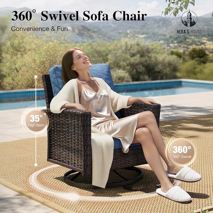 HERA'S HOUSE Outdoor Swivel Chairs Set of 2 with 5.5" Thick Cushions, High Back Patio Furniture, Oversized Wicker Rattan Chairs for Deck Balcony Backyard, Blue
