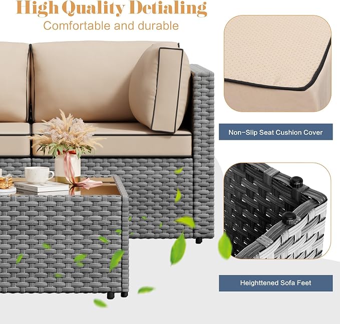 JAMFLY 5-Piece All-Season Wicker Patio Sofa Set with Thick Cushions & Coffee Table, Modular Indoor Outdoor Furniture for Poolside, Garden, Sunroom & Porch, Khaki