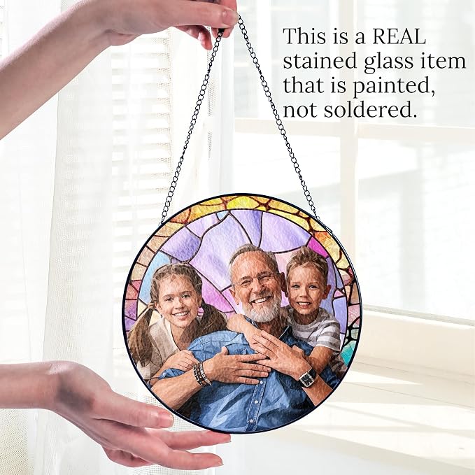 Custom Photo Stained Glass Window Hanging Suncatcher 2026, Personalized Family Photo Sun Catcher Gift for Dad, Custom Father's Day Window Decor for Father, Grandpa, Grandfather