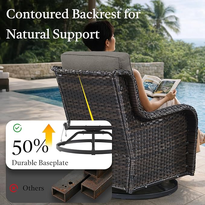6 Piece High Back Patio Furniture Set - All Weather Patio Conversation Set with 4 Inch Thick Cushions and Deep Seating Swivel Glider Chairs & Outdoor Couch for Porch Deck Yard Pool