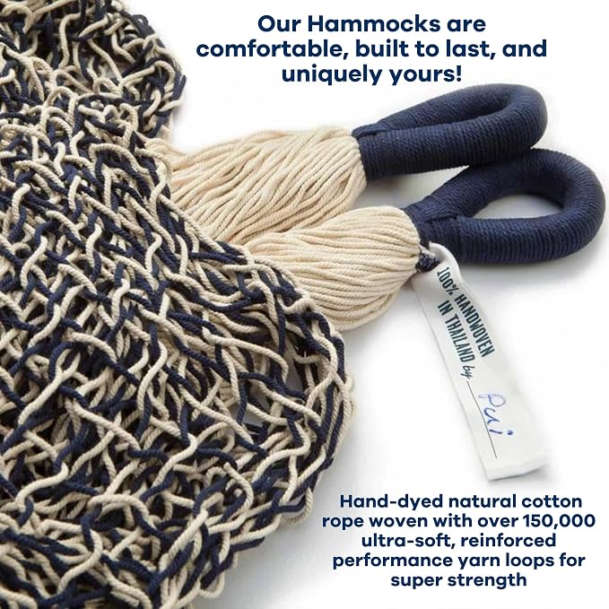 Handwoven Cotton Rope Hammock by Yellow Leaf Hammocks - Double Size, Fits 1-2 PPL, 400lb max - 100% Natural Cotton, Easy to Hang, Artisan Made - Color: Navy Blue - Off White