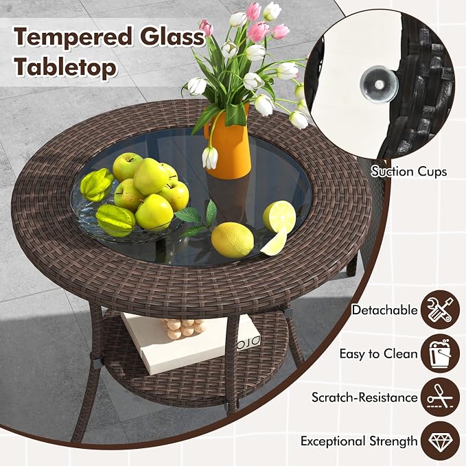 25.5" Round Patio Bistro Table w/Storage Shelf, PE Wicker Coffee Table w/Tempered Glass Top and Metal Legs, Outdoor Side Table for Garden, Balcony, Porch, Backyard