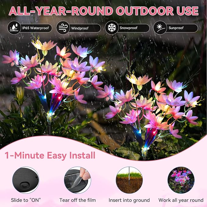 Neporal Solar Flowers Outdoor Waterproof IP65, 5-Head Snow Lotus with 20+ Flowers, 4-Color Light & 2 Lighting Modes, Decorative Solar Lights Outdoor Garden, Yard, Pathway, Flower Bed (6-Pack, Pink)