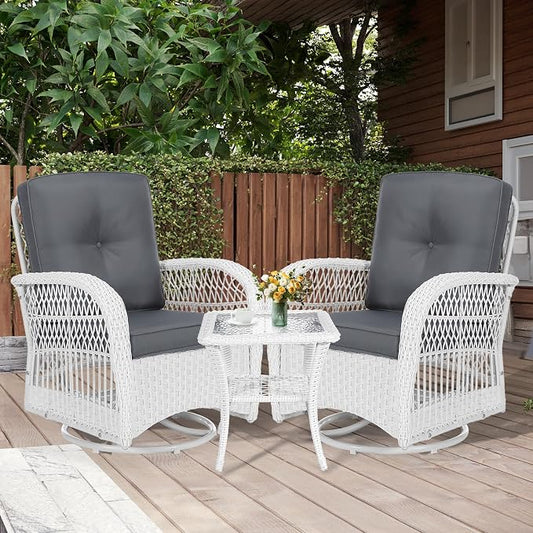 MEETWARM 3 Pieces Outdoor Wicker Swivel Rocker Patio Set, Rocking Chairs Rattan Patio Furniture Sets with Thickened Cushion and Glass-Top Coffee Table, Conversation Bistro Set, White Wicker/Grey