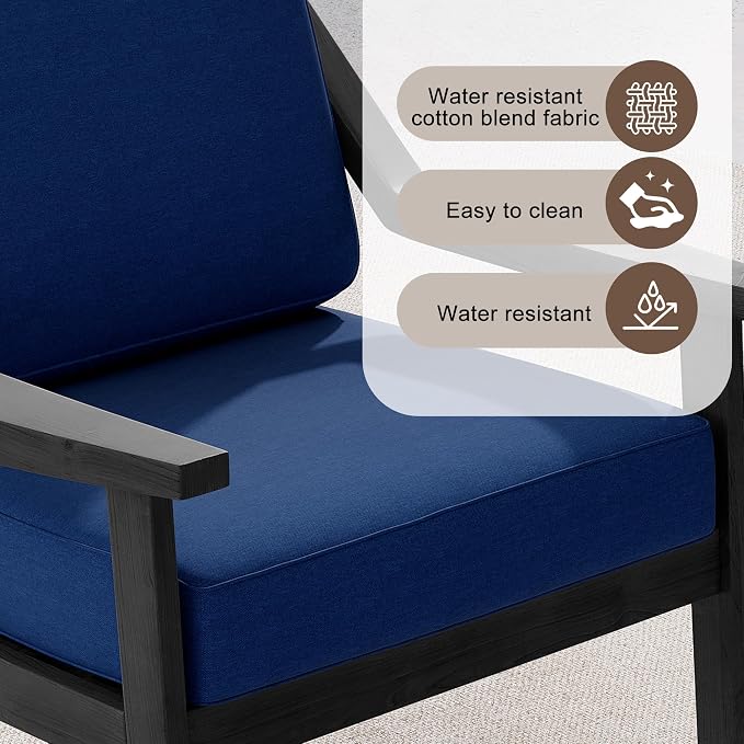 Outdoor Patio Furniture Set, 3 Piece Patio Conversation Sets with Washable Thick Cushions, All-Weather Solid Wood Patio Bistro Set for Porch, Balcony, Black Frame & Navy Cushion