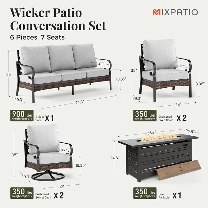 MIXPATIO Patio Furniture Set with Fire Pit Table, Metal Outdoor Conversation Set with 5.75'' Extra Thick Cushion, 2 Swivel Chairs, 2 Leg Chairs, 3-Seat Sofa and Gas Fire Pit Table, Light Grey
