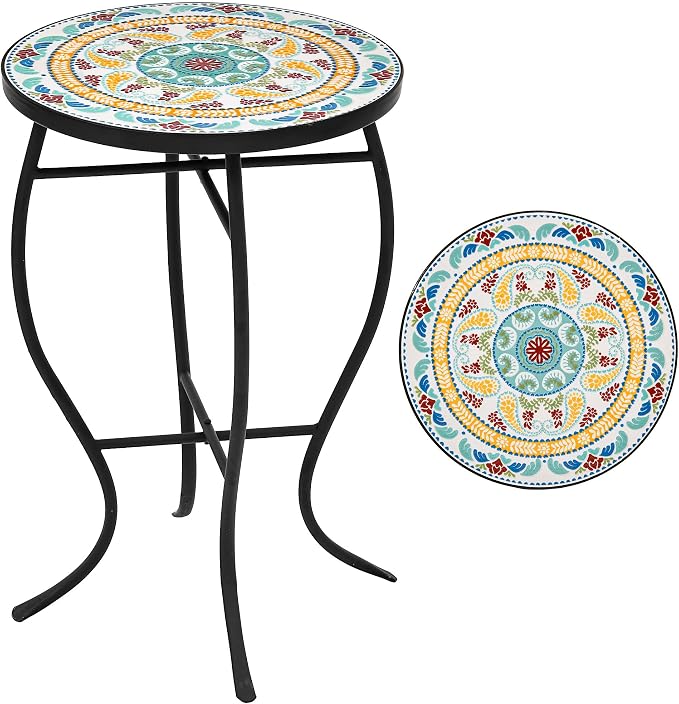 22" Mosaic Side Table, Outdoor Bistro Table Weather Resistant, Iron Plant Stand for Patio, Small Coffee End Table for Balcony Garden Bedroom Living Room, Vintage Mint Green