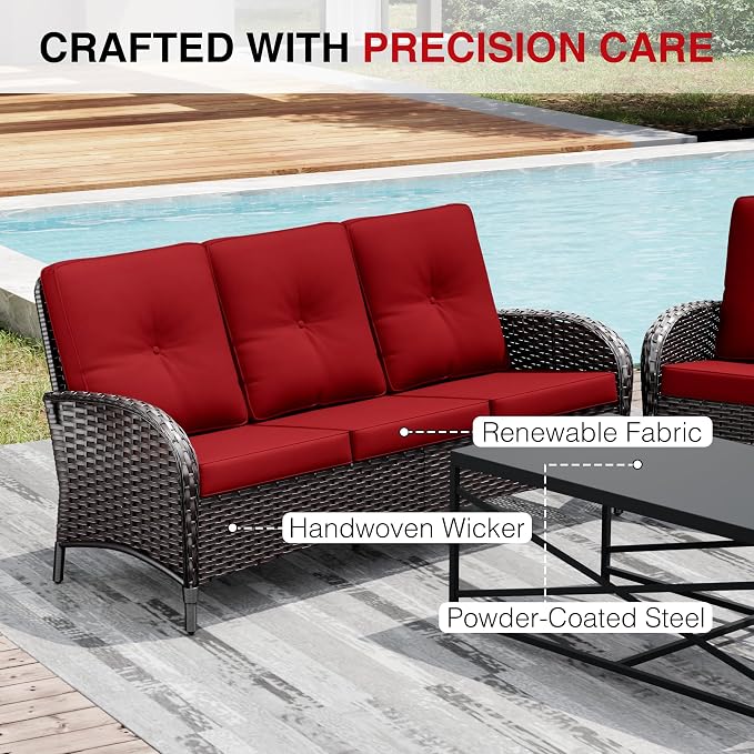 Joyside Wicker Patio Furniture Set, 7 Piece Outdoor Furniture Set with Thickened Cushions, High Back, Deep Seating, Wide Armrest, Outdoor Swivel Rocker Chairs for Porch, Deck