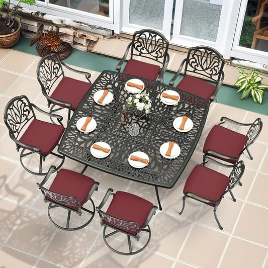 MEETWARM 9-Piece Outdoor Patio Dining Set for 8, All Weather Cast Aluminum Patio Funiture Table and Chairs Set- Large 64" Square Table and 4 Swivel Rocker Chairs, 4 Stationary, Umbrella Hole, Red
