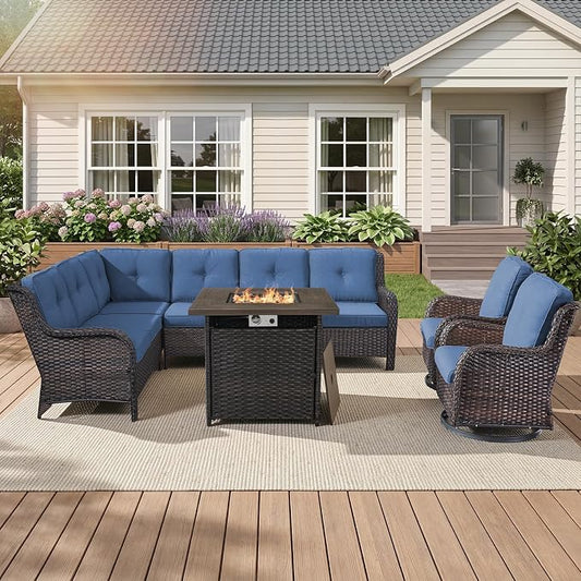 Belord Patio Furniture Set with Fire Pit Table, Outdoor Swivel Rocker Patio Chairs, Oversized Outdoor Sectional Couch, Two 3-Seater Sofas with Coffee Table, Ideal for Porch, Deck, Brown Wicker/Blue