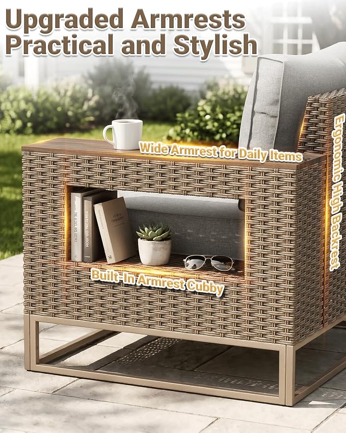 Outdoor Patio Furniture Set 6-Piece PE Rattan Wicker Outdoor Sectional Sofa with Thickened Cushions and Chunky Arms, Modern Modular L-Shaped Conversation Set for Garden, Backyard, Greige