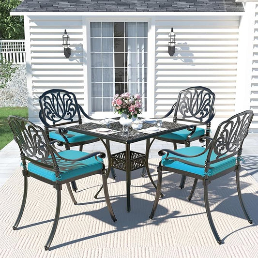 MEETWARM 5-Piece Outdoor Patio Dining Set, All-Weather Cast Aluminum Patio Conversation Set for Backyard Garden Deck with 4 Chairs, 4 Cushions and 35.4" Square Table, 2.2" Umbrella Hole, Ocean Blue